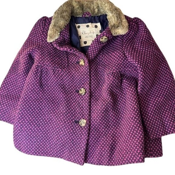 Cherokee Girls 3T Pink & Purple Faux Fur Collar Button-Up Coat - Picture 1 of 8